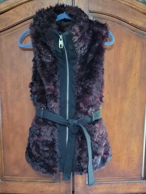 Miss Sixty Y2K Women's M Faux Fur Belted Vest Purple Black With Pockets